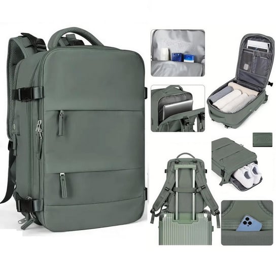 Plecak podróżny D-Pro Nylon Backpack V2 USB bagaż podręczny do samolotu torba na laptopa 45x30x15cm (Khaki zielony) D-pro