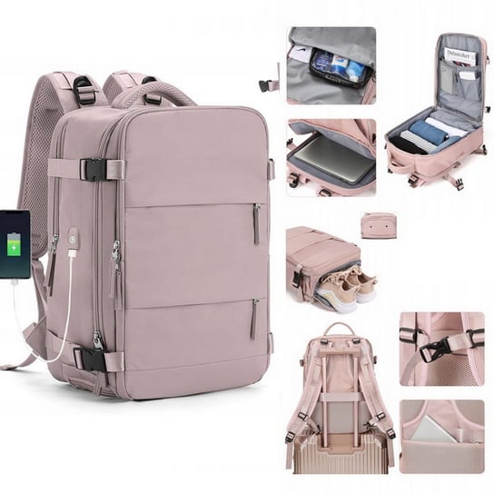 Plecak podróżny D-Pro Nylon Backpack V2 USB bagaż podręczny do samolotu torba na laptopa 45x30x15cm (Różowy) D-pro