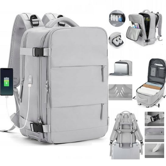 Plecak podróżny D-Pro Nylon Backpack V2 USB bagaż podręczny do samolotu torba na laptopa 45x30x15cm (Szary) D-pro