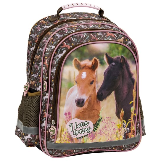Plecak szkolny dla chłopca i dziewczynki brązowy Derform konie dwukomorowy Derform