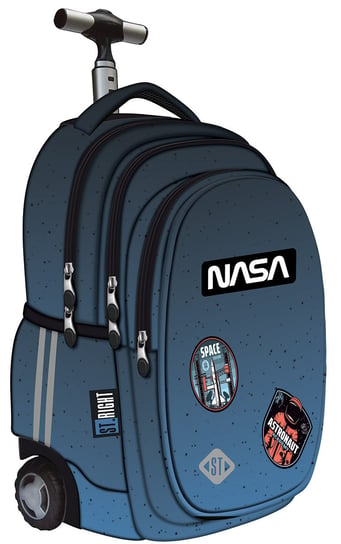 Plecak szkolny dla chłopca i dziewczynki St.Majewski NASA na kółkach trzykomorowy St.Majewski