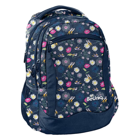 Plecak szkolny dla dziewczynki granatowy Be Uniq.  kwiaty trzykomorowy Be Uniq.