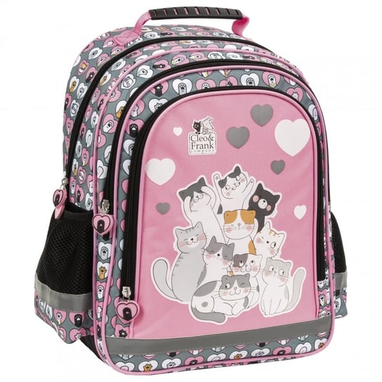Plecak szkolny dla dziewczynki szaro-różowy Derform Cleo&Frank kotki dwukomorowy PakaNiemowlaka