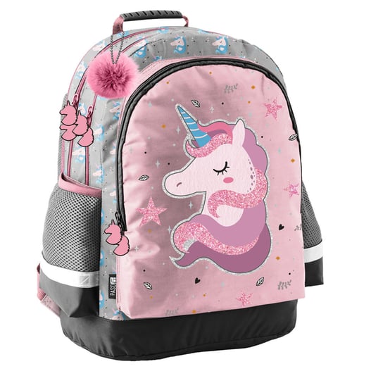 Plecak szkolny dla dziewczynki szaro-różowy Paso Jednorożec dwukomorowy Paso
