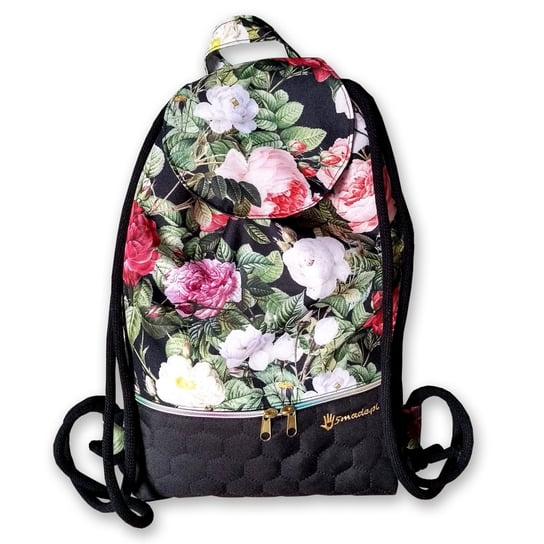 Plecak - worek z klapką róże na czarnym 5made