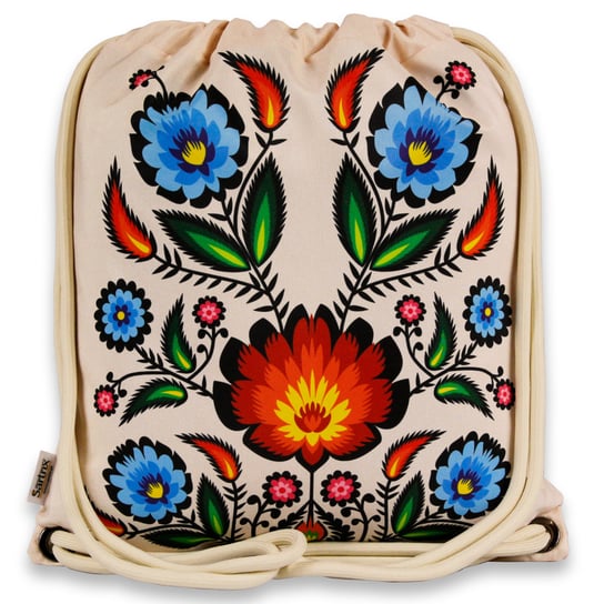 Plecak z podszewką folk łowicki kwiaty niebieskie beżowy Sartrix