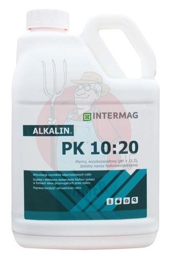 Płynny, wysokozasadowy nawóz fosforowo-potasowy (pH ≥11,3) o proporcji składników P2O5:K2O = 10:20. 
Alkaliczny odczyn roztworów nawozu ALKALIN PK 10:20 aktywizuje czynniki odpornościowe roślin i ogranicza rozwój chorób grzybowych. inna (Inny)