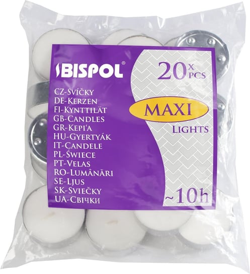 Podgrzewacze bezzapachowe tealight BISPOL 10H MAXI LIGHTS 20szt. Bispol