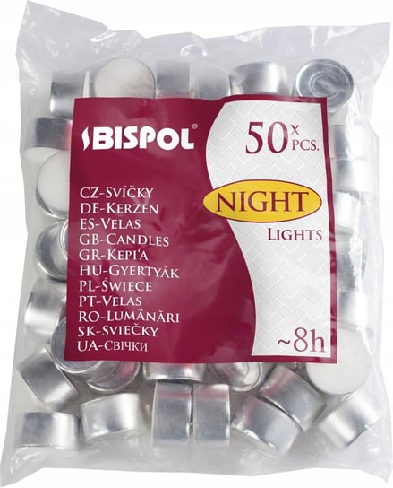 Podgrzewacze bezzapachowe tealight BISPOL 8H NIGHT LIGHTS 50szt. Bispol