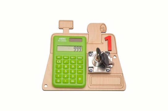 Podstawka kasa + kalkulator zielony + kluczyk, element na tablicę manipulacyjna. Zabawki Sensoryczne