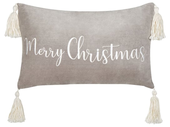 Poduszka dekoracyjna z frędzlami motyw świąteczny welurowa 30 x 50 cm szara LITHOPS Beliani