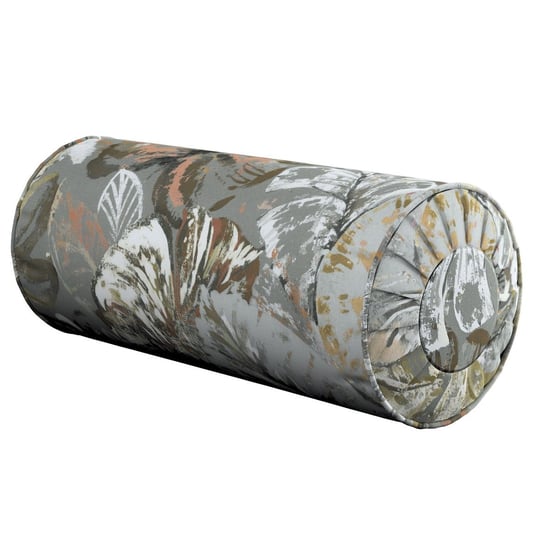 Poduszka wałek z zakładkami, brązowe, beżowe, morelowe kwiaty na szarym tle, Ø20x50 cm, Abigail Dekoria
