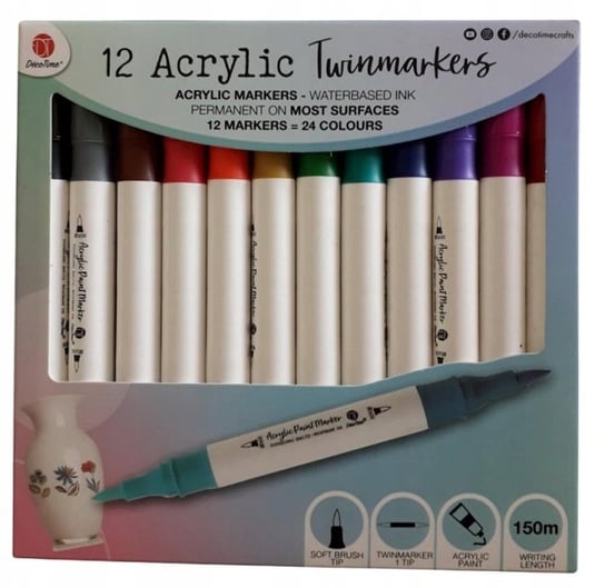 Podwójne markery akrylowe DécoTime 12 szt. a aż 24 kolory do ceramiki DecoTime