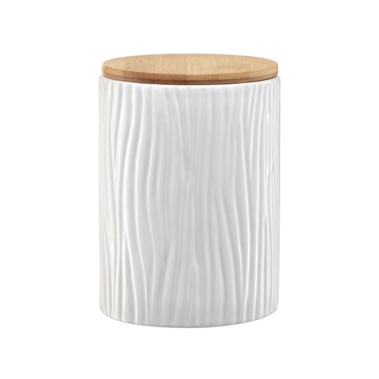 Pojemnik ceramiczny Tuvo biały z wytłoczeniami z bambusową pokrywką 1110 ml AMBITION Ambition