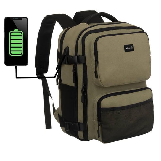 Pojemny plecak na wycieczkę bagaż podręczny do samolotu port USB wodoodporna tkanina Himawari, zielony czarny Himawari