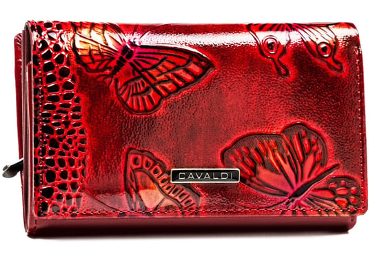 Pojemny portfel damski na karty portfel ze skóry ekologicznej w motyle z ochroną kart RFID Cavaldi, czerwony 4U CAVALDI