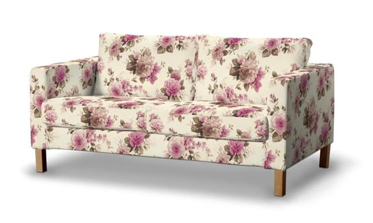 Pokrowiec na sofę Karlstad 2-osobową nierozkładaną, DEKORIA, Mirella, krótki, różowo-beżowe róże na kremowym tle Dekoria