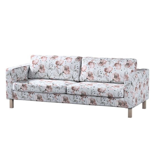 Pokrowiec na sofę Karlstad 3-osobową nierozkładaną, Velvet, krótki, różowe kwiaty na kremowym tle, 204x89x64 cm Dekoria