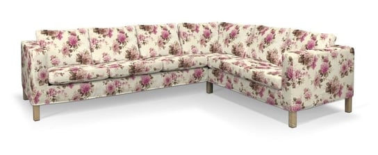 Pokrowiec na sofę narożną, lewostronną Karlanda, DEKORIA, Mirella,  różowo-beżowe róże Dekoria