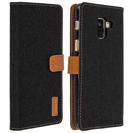 Pokrowiec w stylu denim, etui-portfel z podstawką do Samsunga Galaxy A8 – czarny Avizar