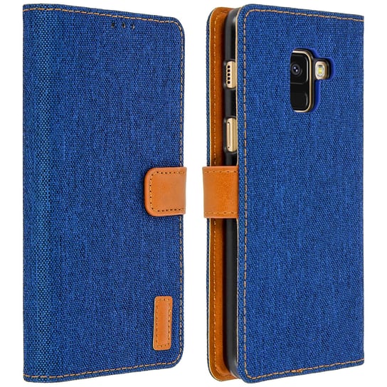 Pokrowiec w stylu denim, etui-portfel z podstawką do Samsunga Galaxy A8 – niebieski Avizar