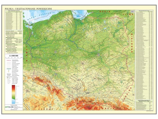 Polska mapa ścienna fizyczna na podkładzie do wpinania - pinboard, 1:1 000 000, ArtGlob Artglob