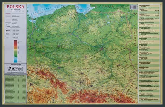 Polska mapa ścienna fizyczna na podkładzie do wpinania - pinboard, 1:1 800 000, EkoGraf Eko Graf