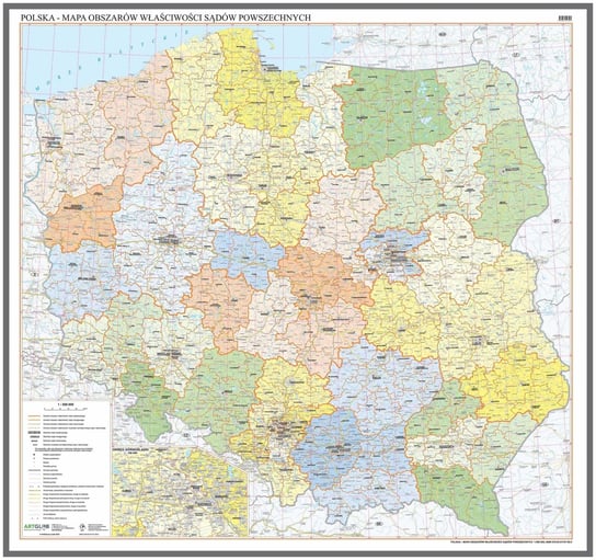 Polska - mapa ścienna obszarów właściwości sądów powszechnych na podkładzie do wpinania - pinboard, 1:500 000, ArtGlob Artglob