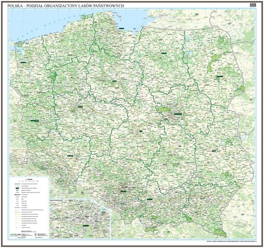 Polska - podział organizacyjny Lasów Państwowych mapa ścienna na podkładzie do wpinania - pinboard, 1:500 000, ArtGlob Artglob