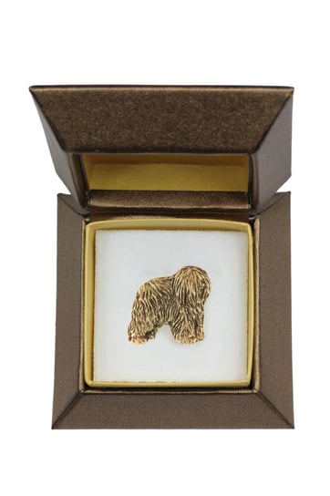 Polski owczarek nizinny, PON II - broszka z psem w pudełku ozdobnym, elegancki pozłacany pin, przypinka do marynarki marki Art-Dog Art-Dog