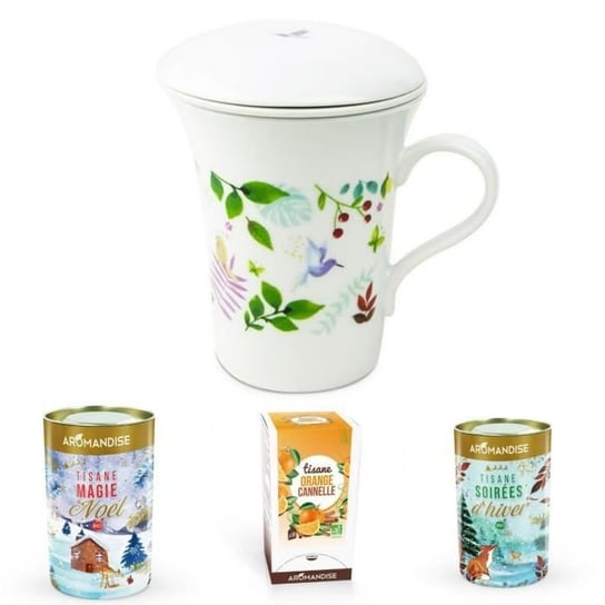 Porcelanowy dzbanek do herbaty kwiatowej 250 ml + Świąteczne trio herbat ziołowych - Zimowe wieczory, Boże Narodzenie, Pomarańcza Cynamon Youdoit