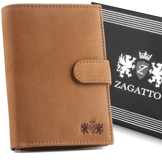 Portfel męski skórzany koniakowy pionowy, portfel z ochroną kart RFID  skóra naturalna zapinany na zatrzask Zagatto / ZG-NL4-F10 Zagatto