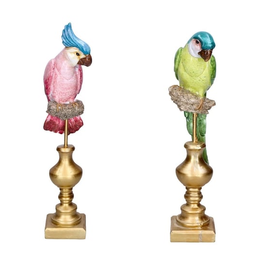 Posąg zielonej różowej papugi na złotej podstawce ABC