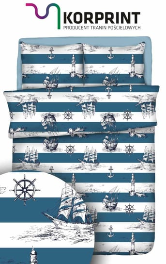 Pościel 140x200 marynarska biała niebieska statki kotwice latarnia morska pasy bawełna Max Karo