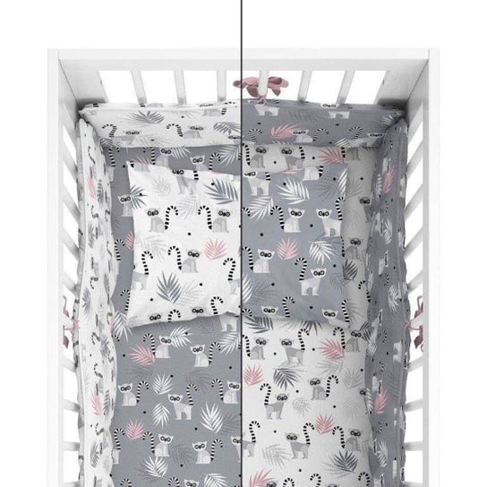 Pościel niemowlęca, bawełniana, do łóżeczka, z ochraniaczem, biało-szara, dwustronny wzór lemury, 100x135 cm Detexpol