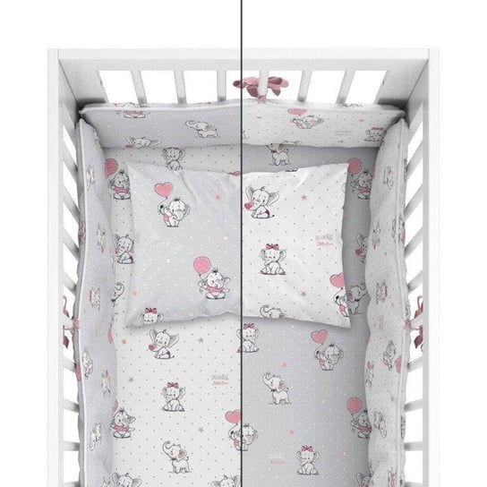 Pościel niemowlęca do łóżeczka, 3-elementowa z ochraniaczem, dwustronny wzór słonik, 100x135 cm Detexpol
