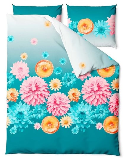 Pościel satynowa 160x200 Blossom turkusowa kolorowe kwiaty Satin Home 1 ZARATEX