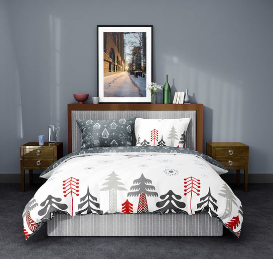 Pościel świąteczna z bawełny, antracytowo-biała, las i renifery, 140x200 cm Faro