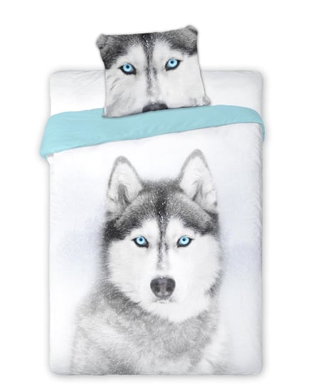 Pościel z bawełny FARO Pies, Husky, biało-błękitna, 160x200 cm, 2-elementowa Faro