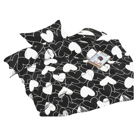 Pościel z bawełny satynowej, czarna w białe serca, 160x200 cm, 3-elementowa JUNYI