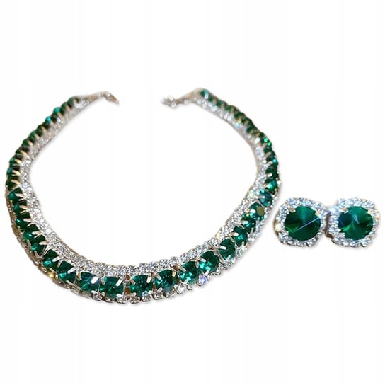 Posrebrzany Komplet Biżuterii Zielone Cyrkonie Choker Z Kolczykami Wkrętki Lovrin