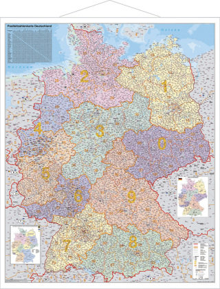 Postleitzahlen-Karte Deutschland 1 : 1 000 000. Wandkarte Kleinformat mit Metallstäben Stiefel Eurocart Gmbh