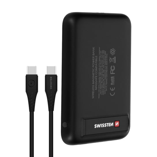 Powerbank MagSafe 5000 mAh Funkcja QI Port USB-C Podstawka Swissten Czarna SWISSTEN
