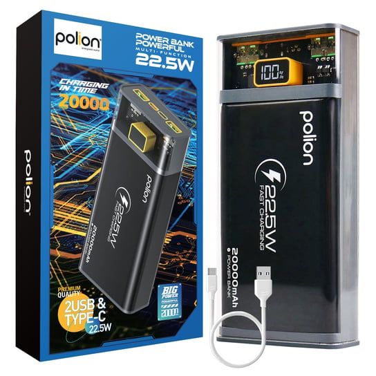 Powerbank POLION 22.5W 20000mAh USB-C 2xUSB-A PD3.0 QC 3.0 LED Kabel szary | zestaw Polion