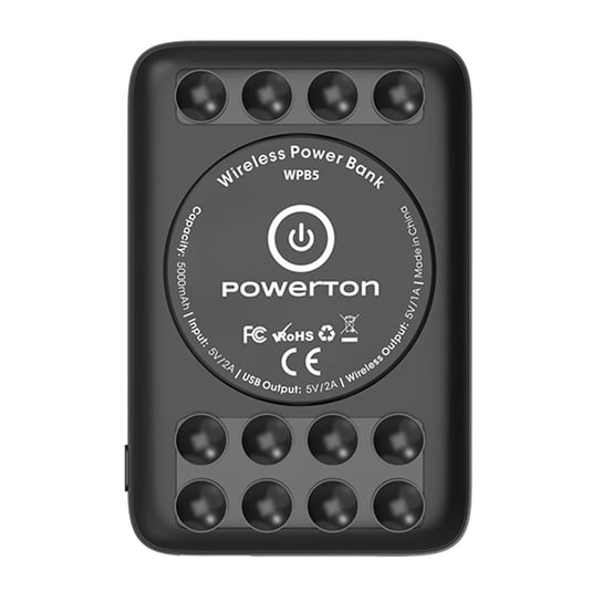 Powerton, powerbank z ładowaniem bezprzewodowym, Li-Pol, 5V, Ładowanie telefonów/tabletów, WBP5, 5000mAh, przyssawki do przytrzyma Powerton