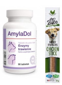 Preparat wyrównujący zaburzenia trawienne DOLFOS Amyladol, 90 tabletek + Przysmak dla psa BRIT Lets Bite Chicken Stick, 12 g Dolfos