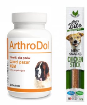 Preparat zapewniający prawidłowe funkcjonowanie stawów u psów DOLFOS ArthroHa 90 tabletek, + Przysmak dla psa BRIT Lets Bite Meat Chicken Stick, 12 g Dolfos