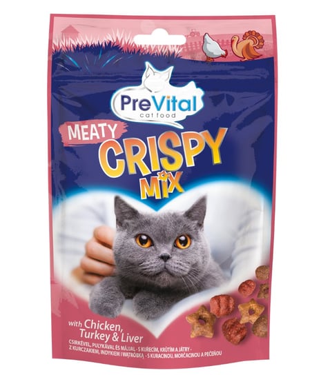 PREVITAL SNACK CRISPY MIX MEATY Przekąska dla kotów dorosłych o smaku kurczaka, indyka i wątróbki 60g Prevital