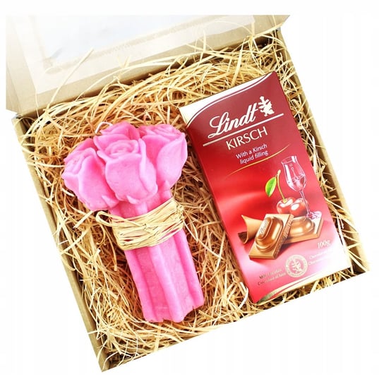 Prezent dla mamy piękna świeca bukiet róż różowy + pyszna markowa czekolada Inna marka