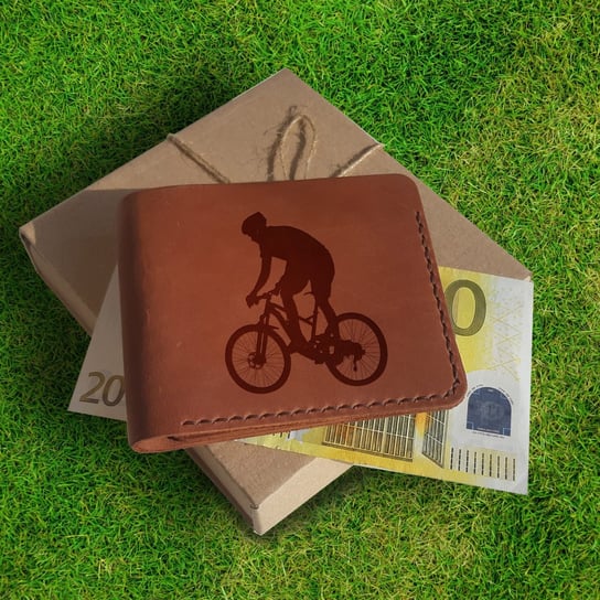 Prezent dla rowerzysty Portfel męski skórzany z grawerem na karty na banknoty z kieszenią na monety brązowy handmade Rowerzysta Luniko